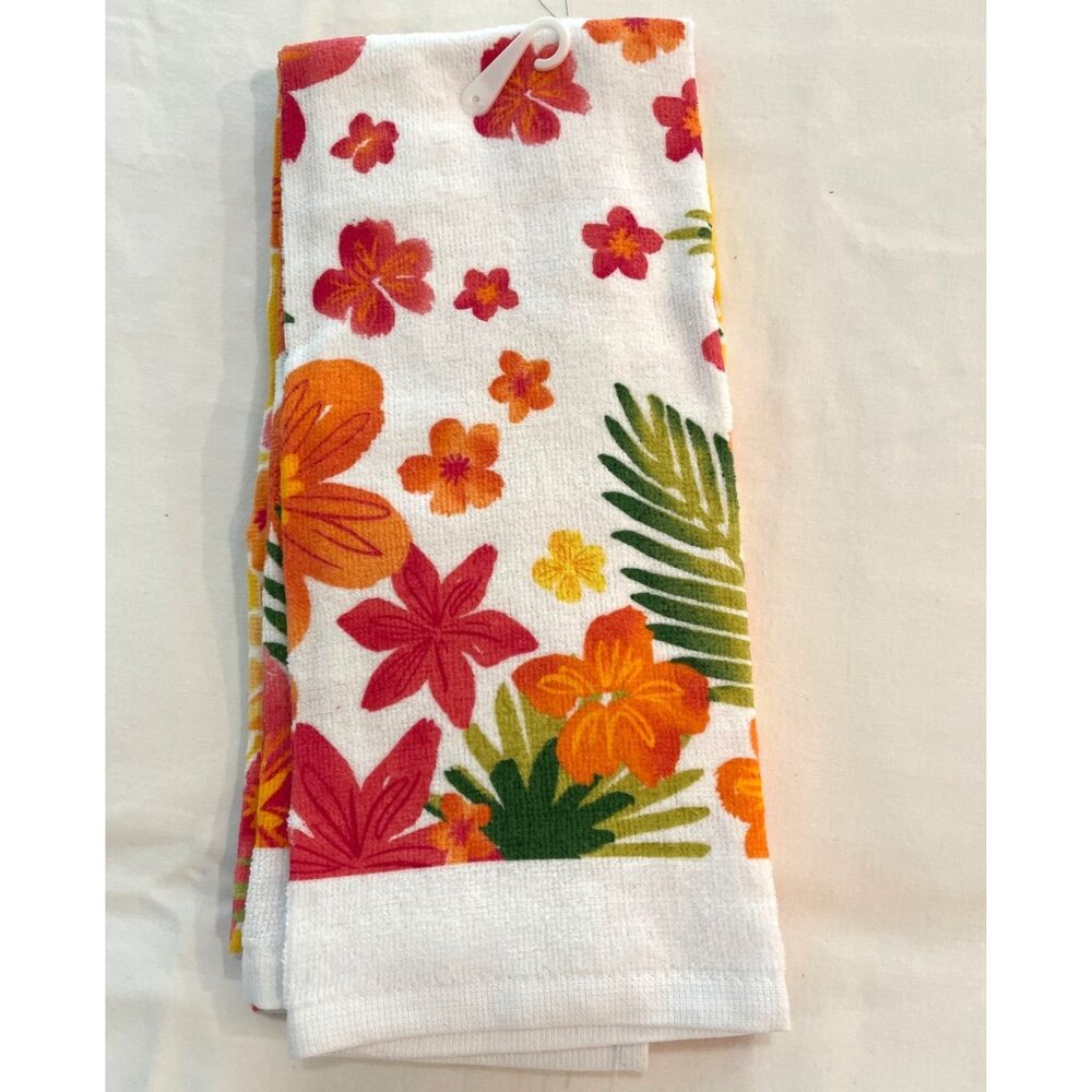 Terry Hand Tea Towels Set Kitchen Floral Hibiscus Orange Red Yellow Flower NWT - Picture 3 of 7